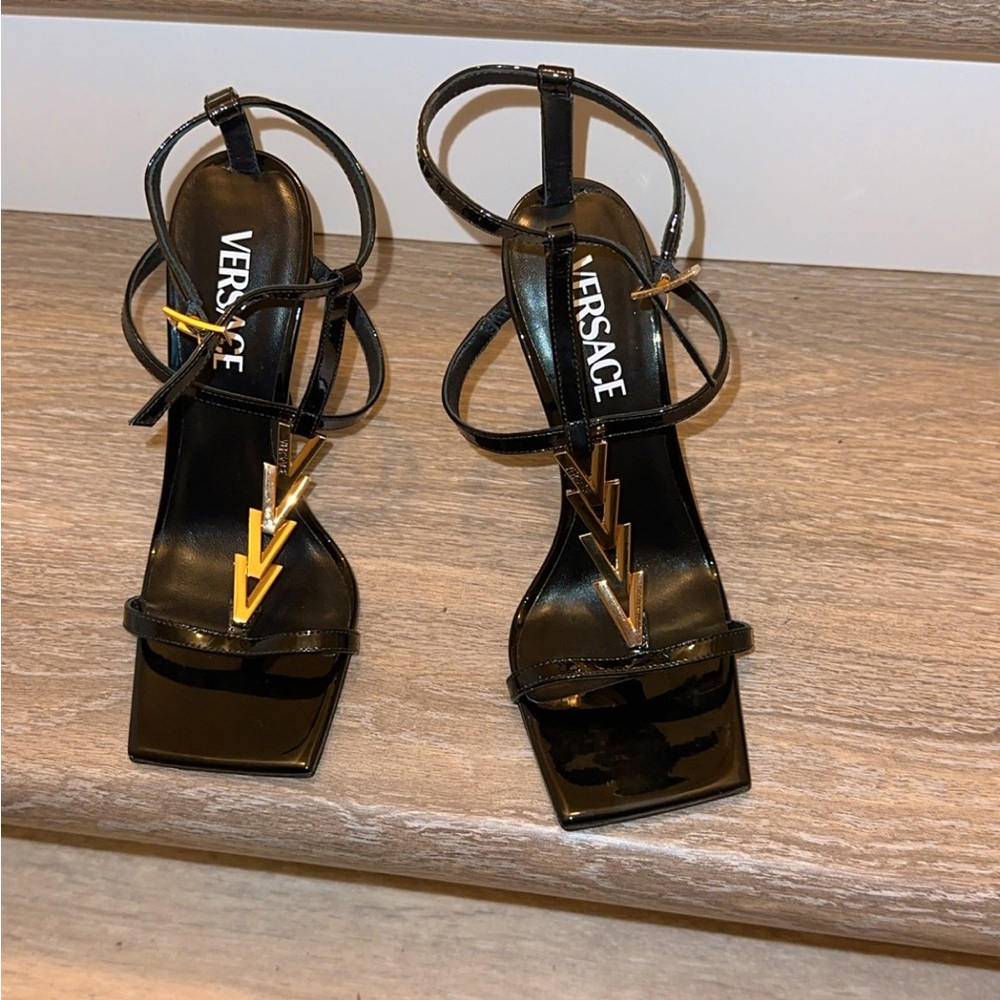 Versace Black Heels with Gold Accents